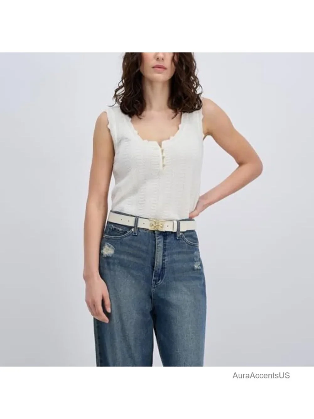 Leather & PU Double-E Logo Plaque Buckle Slim Belt for Jeans, Dresses, Trousers